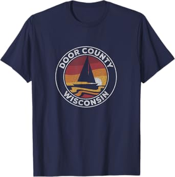 Door County Wisconsin Vintage Sailboat 70s Retro Sunset T-Shirt