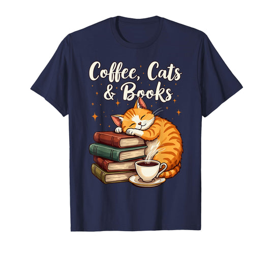 Coffee Cats & Books Lover, For Women & Girls, Funny Coffee T-Shirt