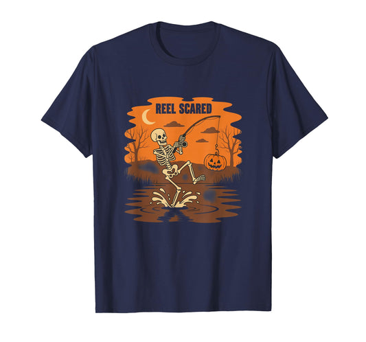 Reel Scared Skeleton Fishing Halloween Pumpkin Lake T-Shirt