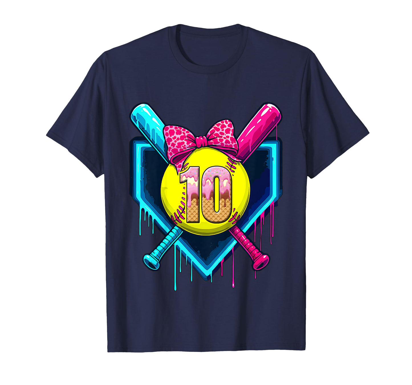 Softball 10 Years Old Ice Cream Drip 10th Birthday Girl T-Shirt