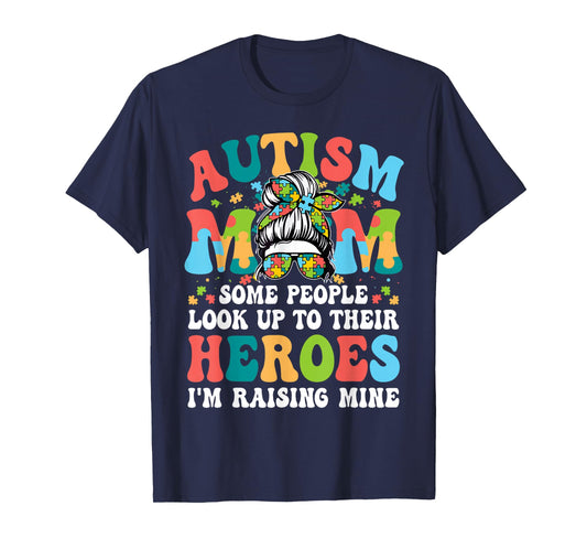 Autism Awareness Mom Raising Hero Messy Bun Puzzle Pieces T-Shirt