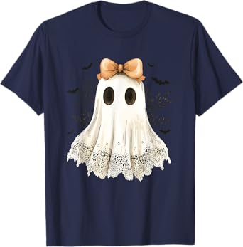 Cute Halloween Ghost With Bow Lace Spooky Style T-Shirt