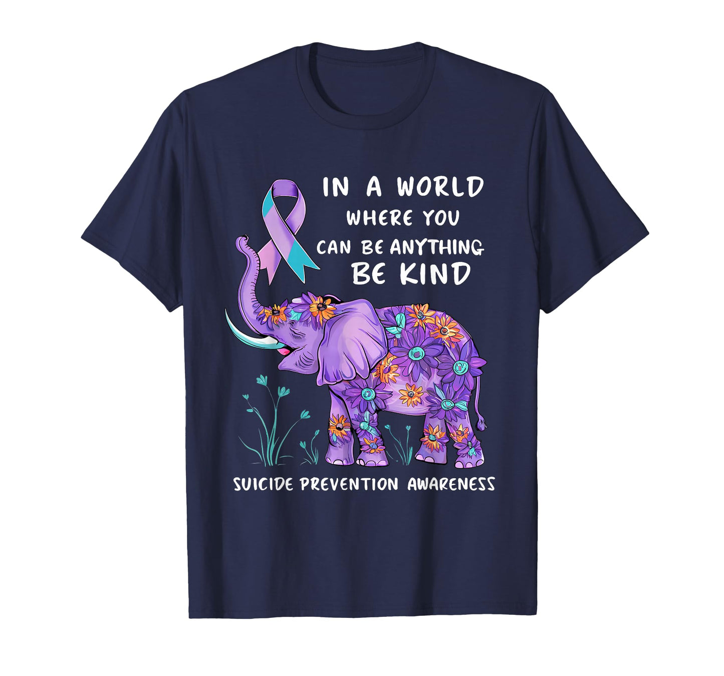 Suicide Prevention Awareness Elephant Teal & Purple Ribbon T-Shirt