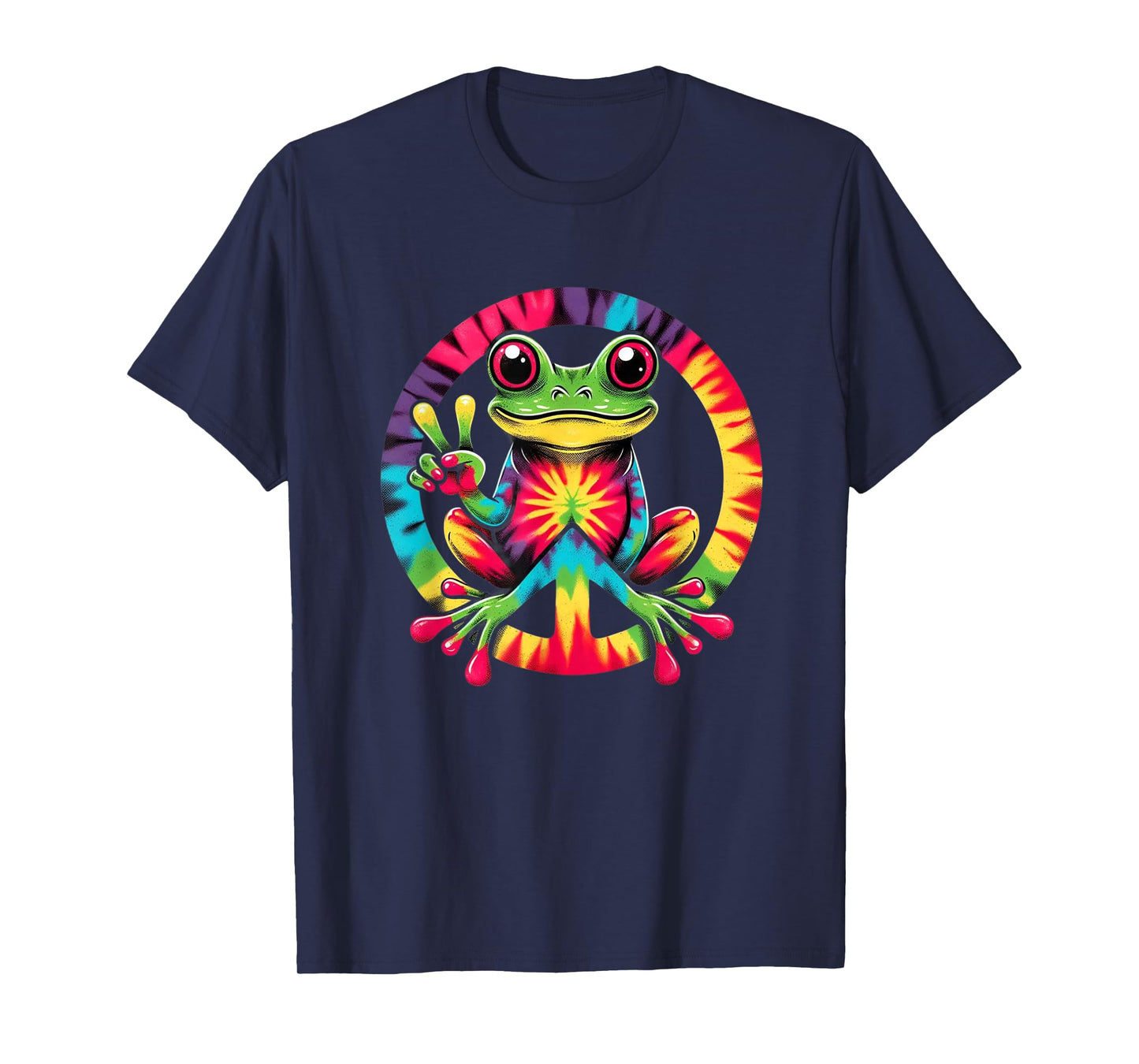 Colorful Tie Dye Collection Tie-Dye Frog Holding Peace Sign Funny Hippie T-Shirt