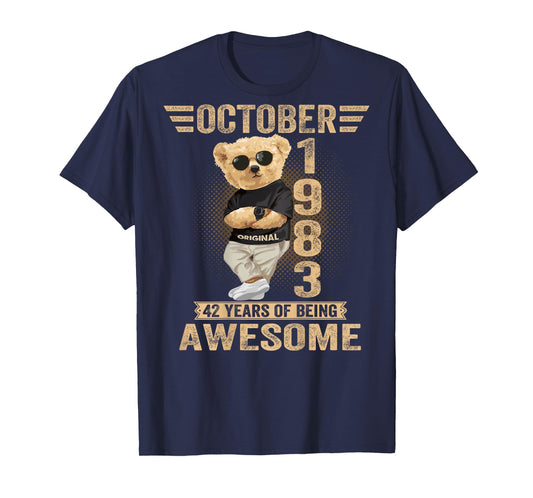 (On Back) October 42th Birthday Men Women 1983 Teddy Bear T-Shirt