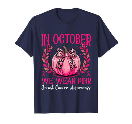 in October We Wear Pink Pumkin Witch Breast Cancer Awareness T-Shirt