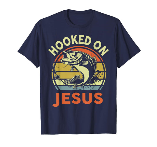 Hooked on Jesus Dad Fishing Gift Funny Fishing Christian T-Shirt