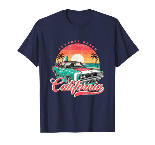 Classic Muscle Car Retro Newport Beach California Surfer Sun T-Shirt