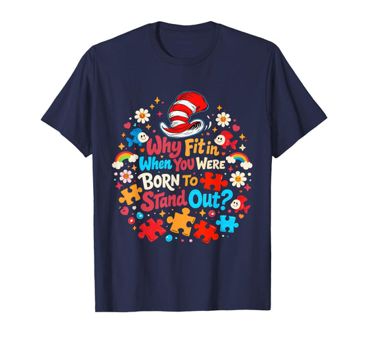 Why Fit in Autism Awareness for Teacher Doctor Cat Hat Cool T-Shirt - T-Shirt | Navy