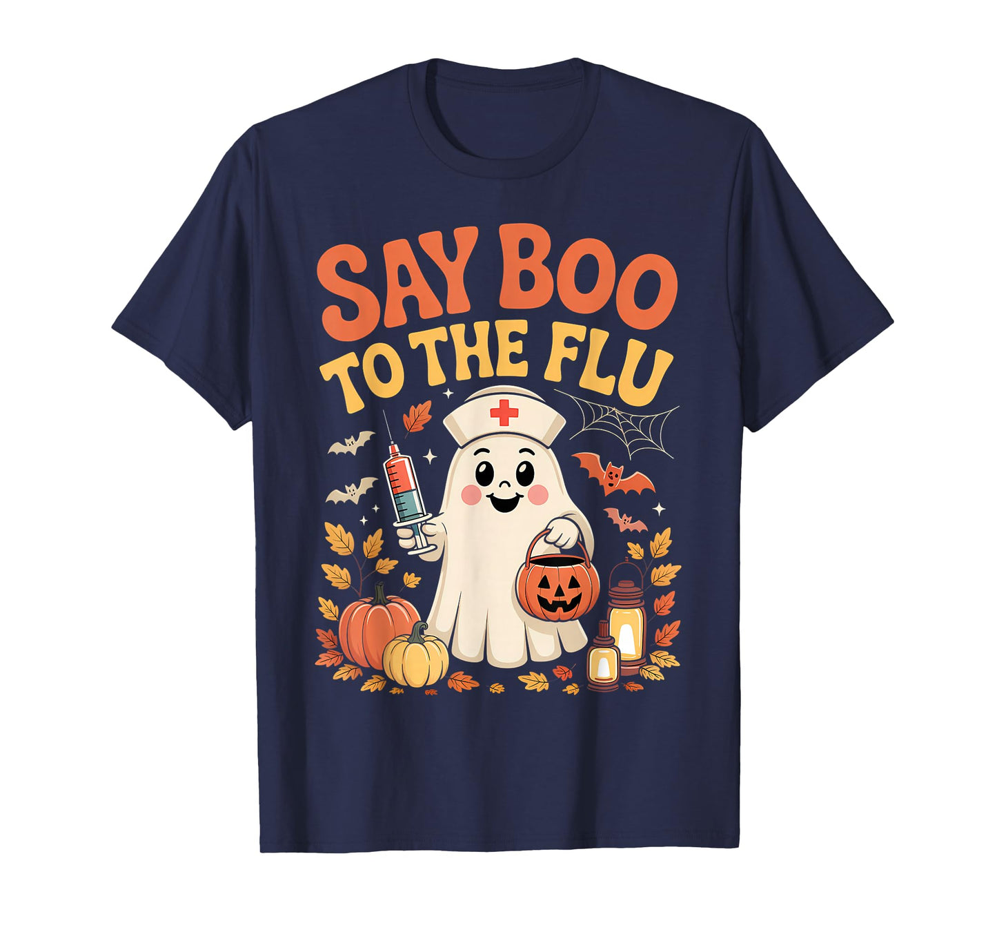 Funny Retro Nurse Ghost Halloween Vaccine Say Boo to The Flu T-Shirt