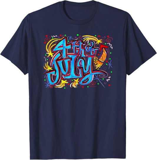 Bright 4th Of July Art Doodle Scribble Graffiti Handpainted T-shirt