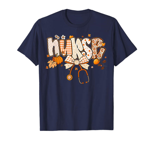 Retro Pumpkin Nurse Life Stethoscope Fall Autumn Funny Nurse T-Shirt
