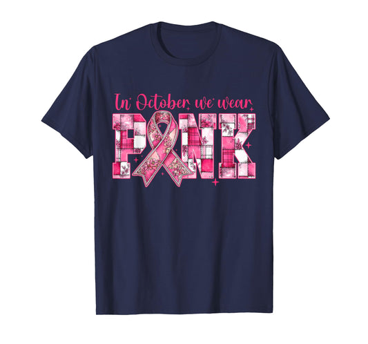 in October We Wear Pink Breast Cancer Awareness Coquette Bow T-Shirt