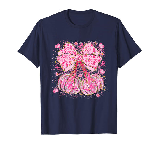 Coquette Bow Pumpkin Pink Ribbon Breast Cancer Awareness T-Shirt