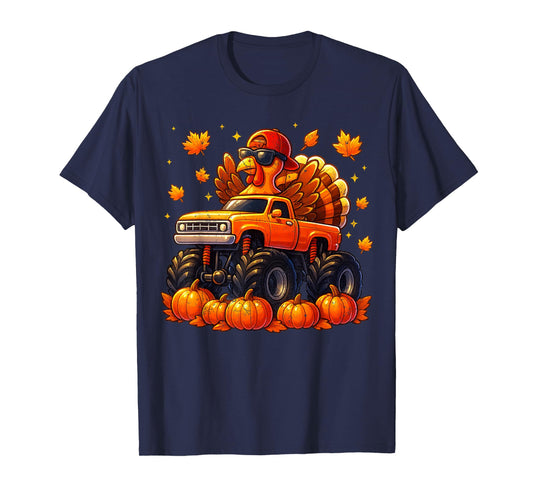 Vintage Turkey Monster Truck Pumpkin Thanksgiving Boys Kids T-Shirt