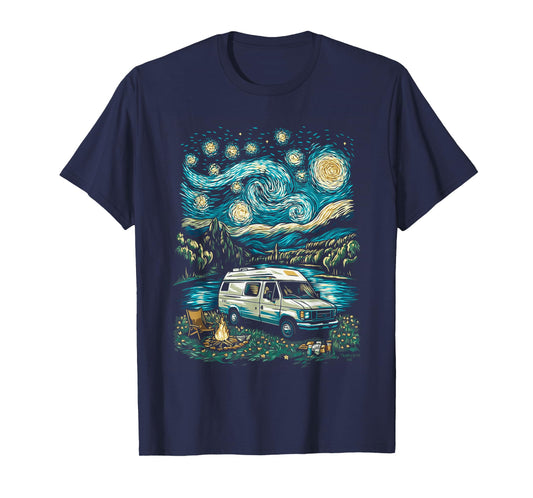 Camper Van Adventure Under Starry Sky Near Flowing River T-Shirt