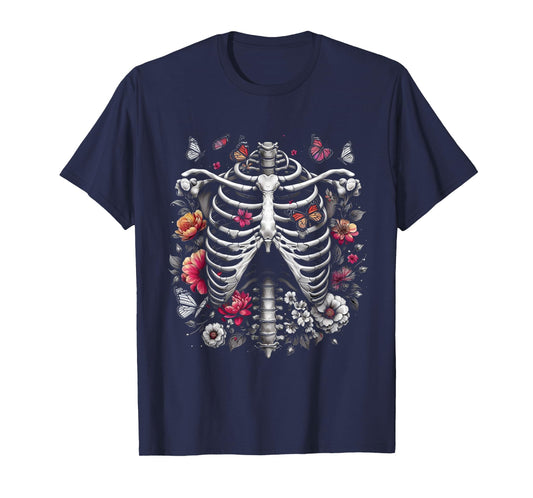 Floral Skeleton Ribcage and Butterflies Spooky Halloween T-Shirt