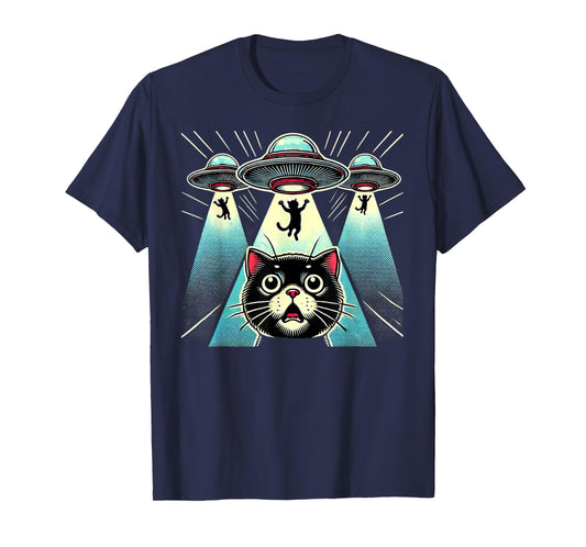 Funny UFO Cat Alien Abduction Spaceship Outerspace T-Shirt for Men Women Kids