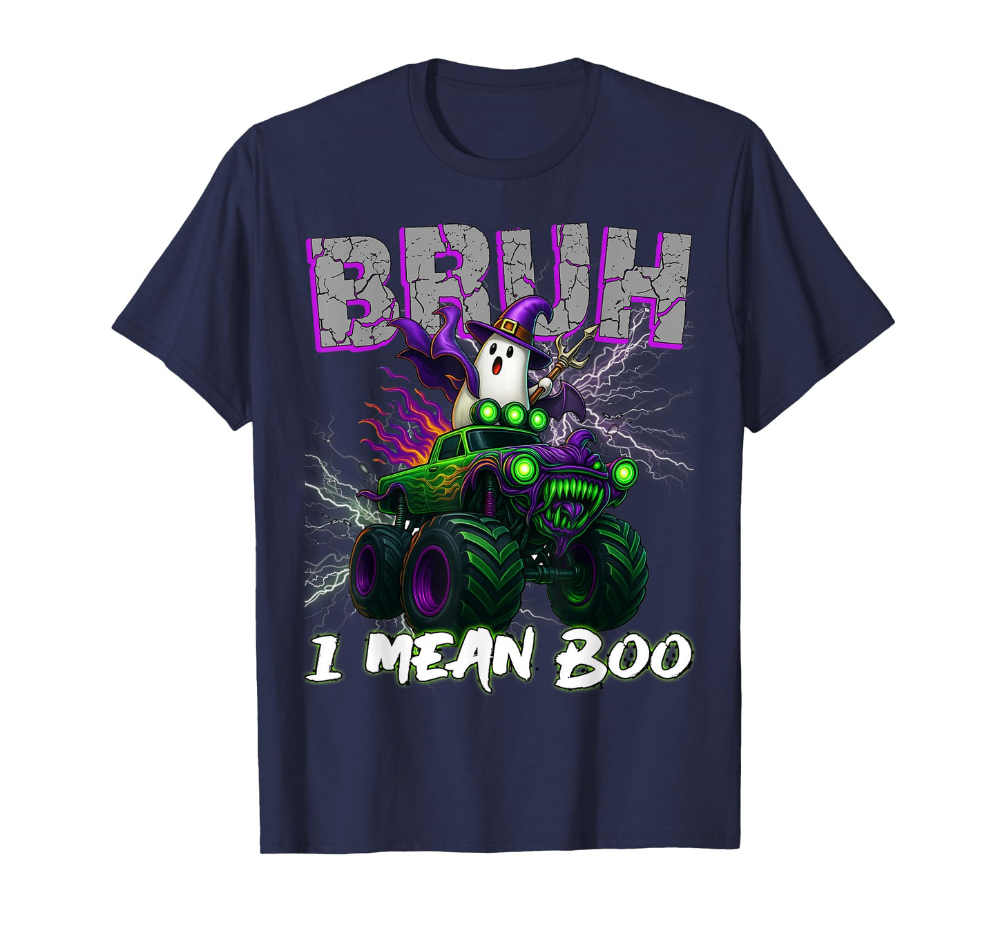 Bruh I mean Boo Riding Monster Truck Halloween Boys Kids T-Shirt