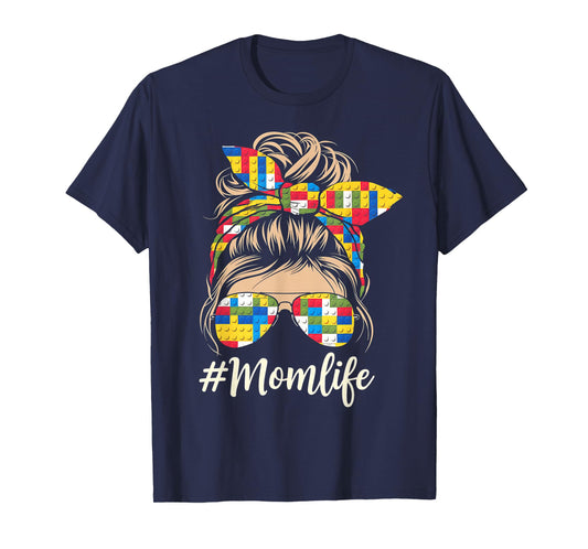 Building Block Messy Bun Mom Life Master Builder Mothers Day T-Shirt