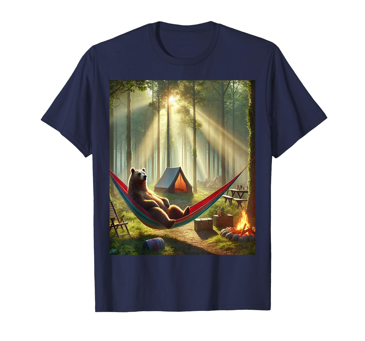 Nature Camping Bear - Relaxed Hammock and Tent Forest Scene T-Shirt