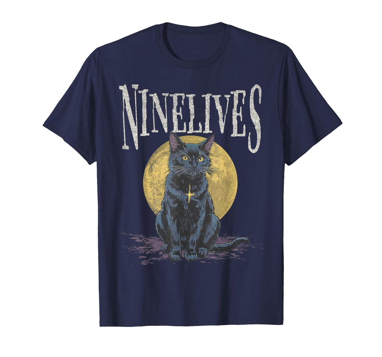 Vintage Retro Nine Lives Cat Moon Graphic Tee T-Shirt