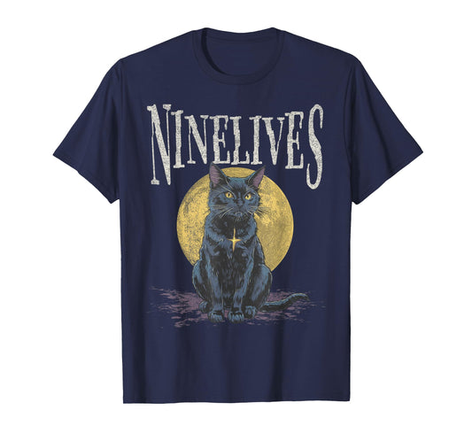 Vintage Retro Nine Lives Cat Moon Graphic Tee T-Shirt