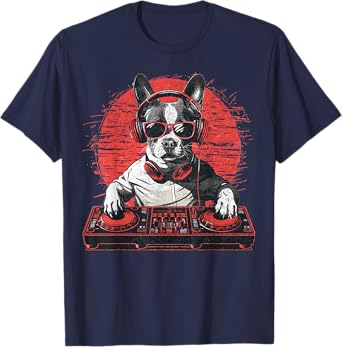 Funny Retro House DJ Boston Terrier Dog Disco Headphone Tech T-Shirt for Men Women