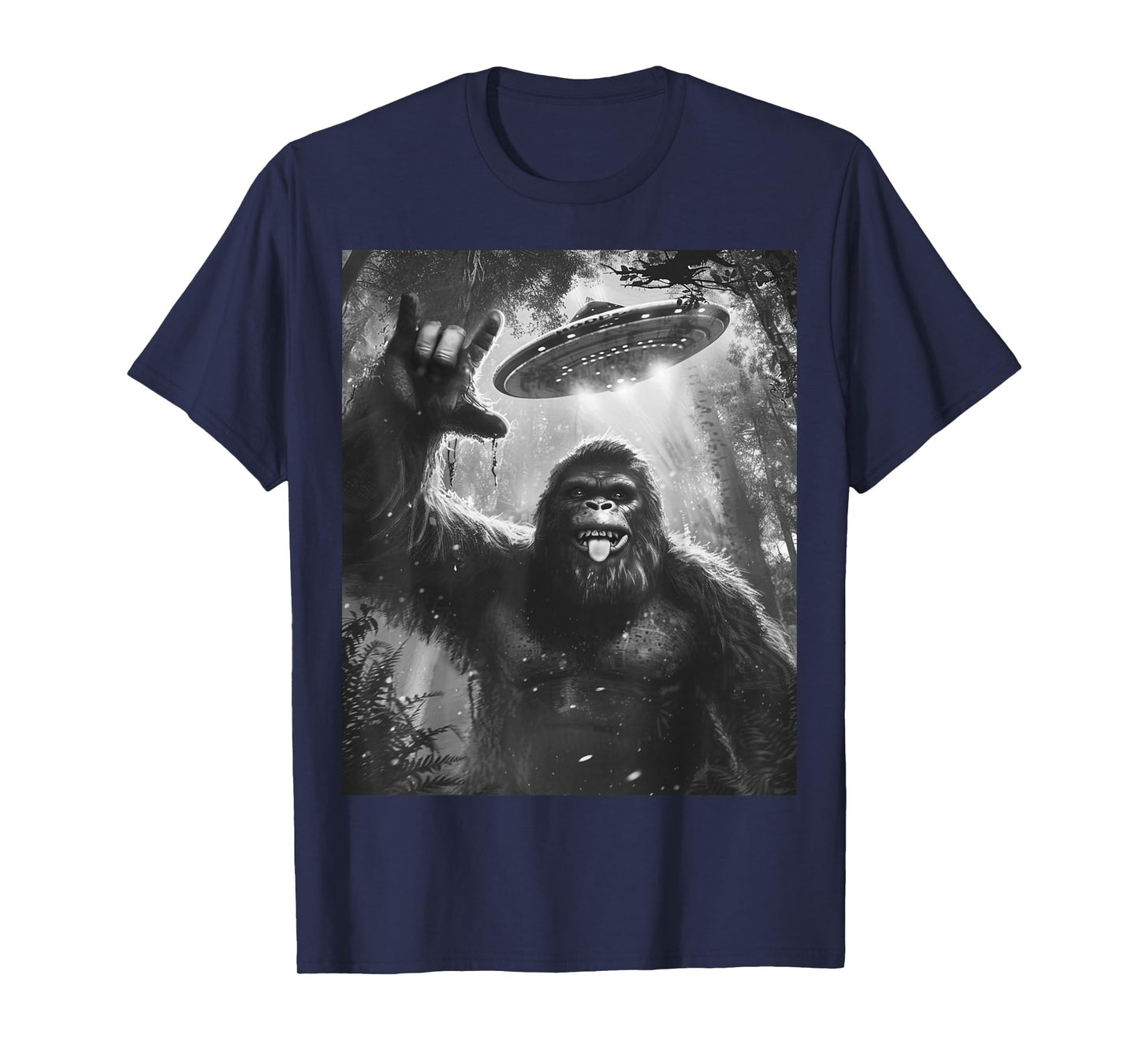 Funny Sasquatch Bigfoot Rock On Selfie with UFO Alien Saucer T-Shirt