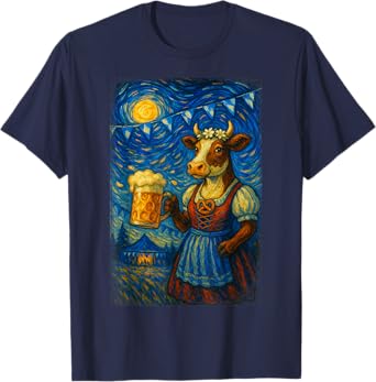 Bavarian Cow Dirndl Beer Oktoberfest Party Starry Night T-Shirt