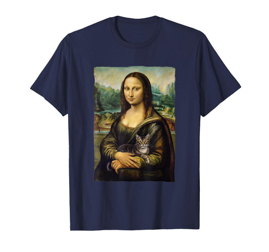 Mona Lisa Holding Grey Cat Portrait Art Painting T-Shirt