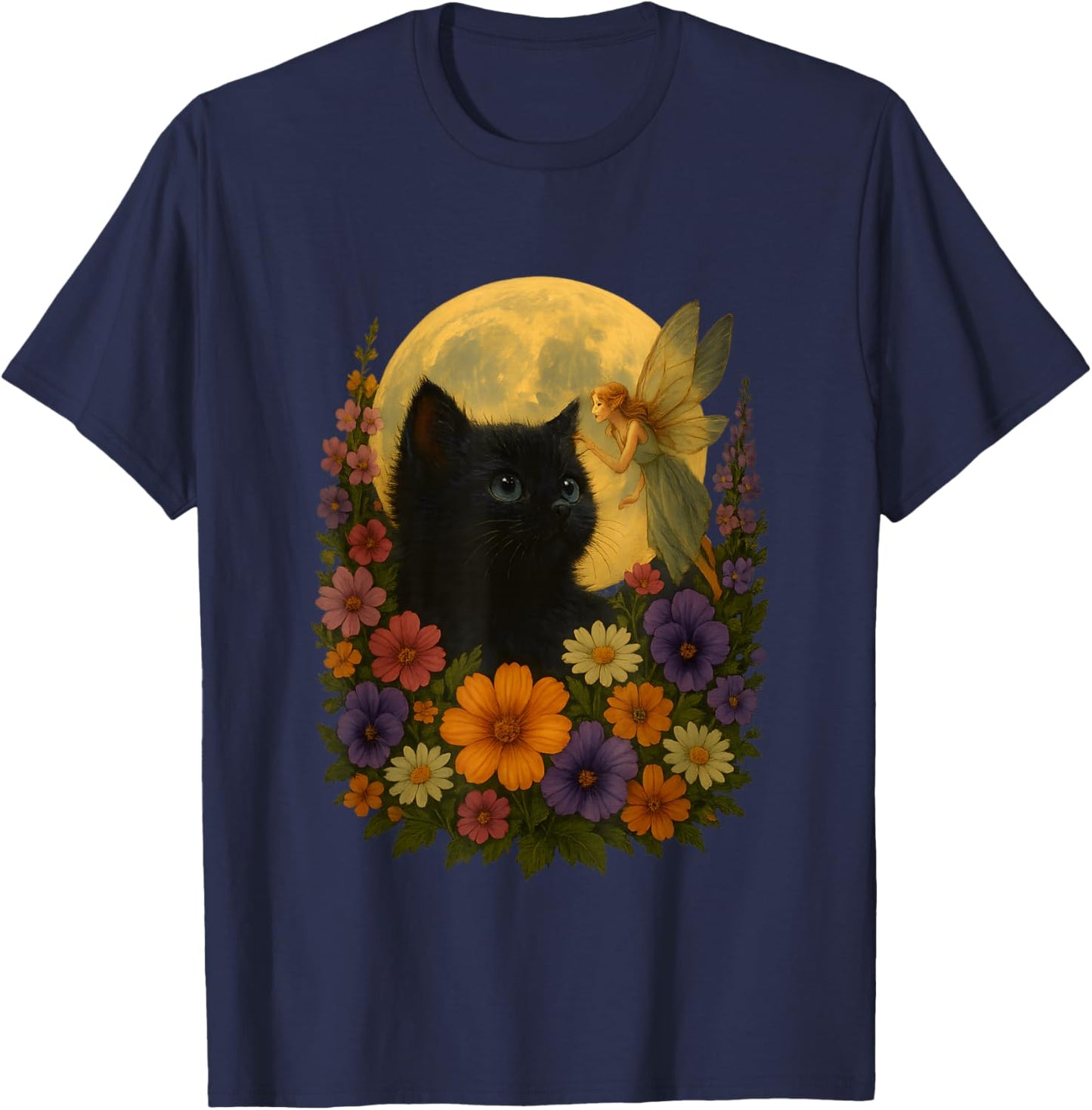 Kitten Moon Wildflowers Tee Fairycore Whimsical Floral Cat T-Shirt