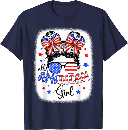 All American Girl 4th of July Shirt Daughter Messy Bun USA T-Shirt