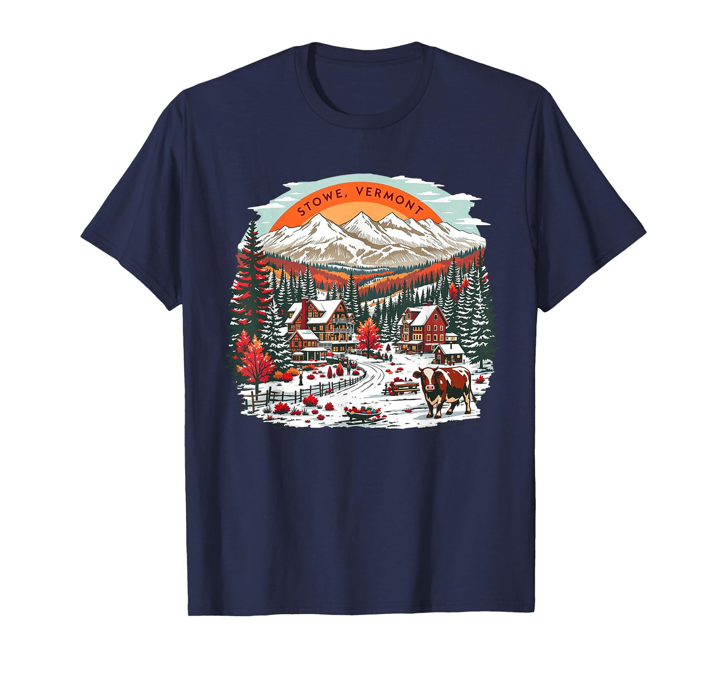 Vintage Stowe Vermont Sunset Mountains Cityscape Retro T-Shirt
