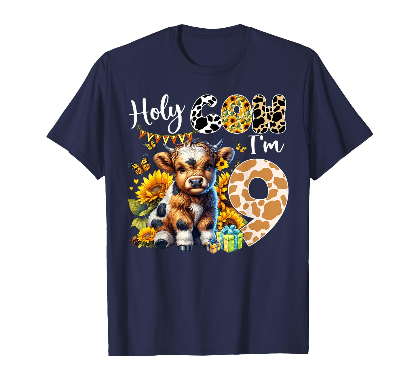 Holy Cow I’m 9 Years Old Dairy Cow Sunflowers 9th Birthday T-Shirt