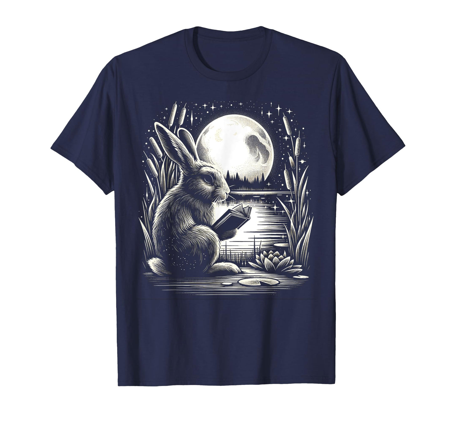 Rabbit Reading Book - Full Moon Lake Scenery T-Shirt