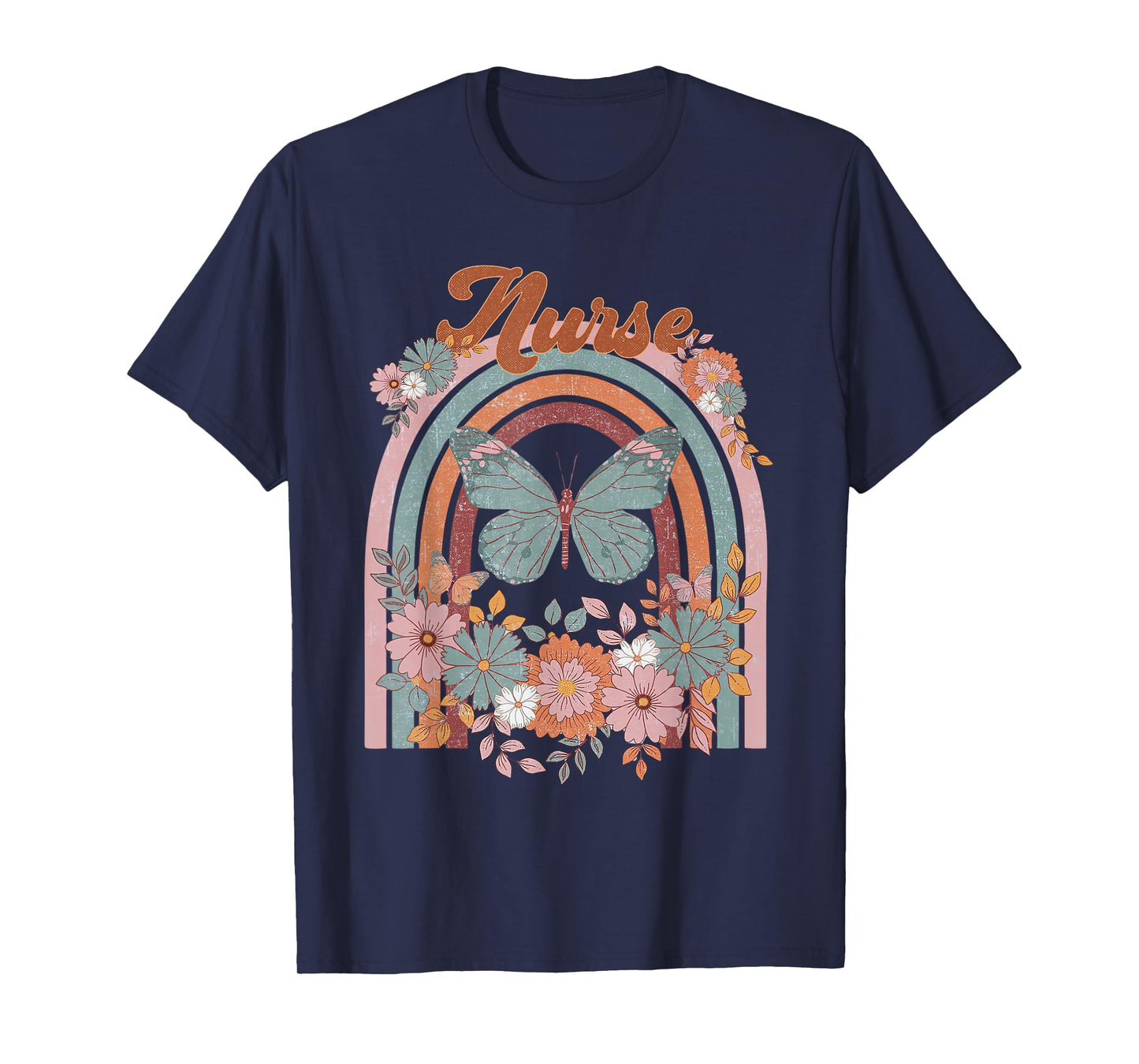 Nurse Vintage Floral Boho Hippie Rainbow Butterfly Men Women T-Shirt