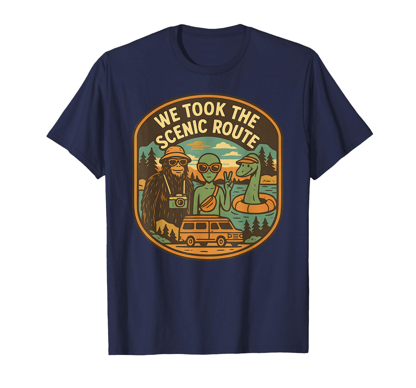 Scenic Route Funny Cryptid Road Trip Bigfoot Alien Nessie T-Shirt