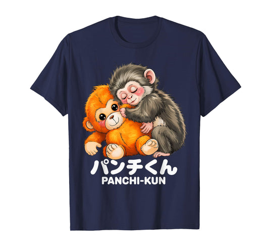 Panchi Kun Holding Plush Toy Baby Macaque Monkey Punch T-Shirt - T-Shirt | Navy