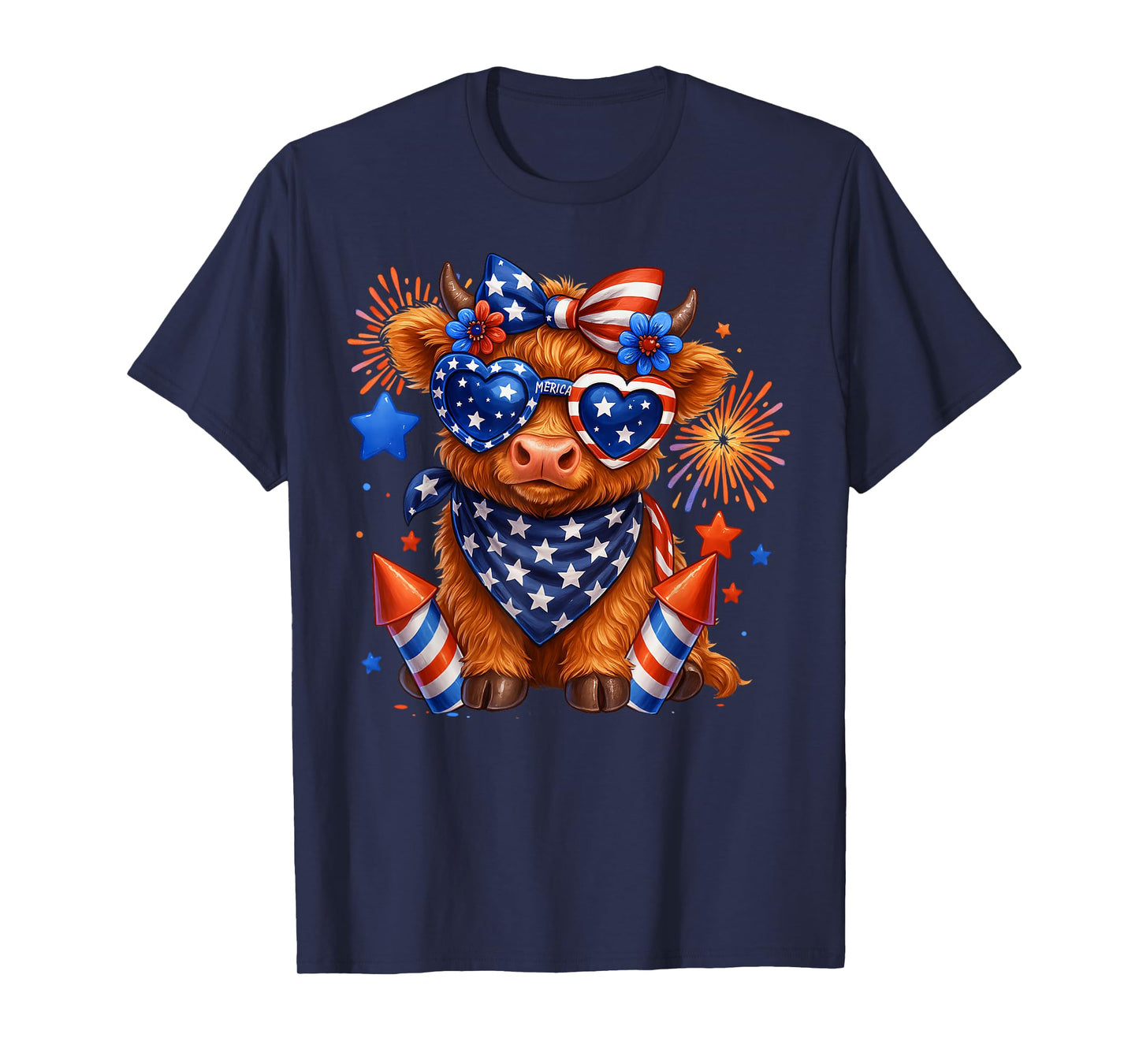 Cute Highland Cow 4th Of July USA Flag Patriotic Cow Farmer T-Shirt