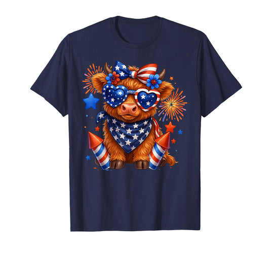 Cute Highland Cow 4th Of July USA Flag Patriotic Cow Farmer T-Shirt