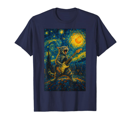Cat Playing Guitar Rock Star Rock and Roll Cat Lover Art T-Shirt