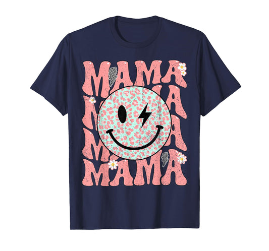Groovy Mama Smile Face Leopard Bolt Lightning Retro Mom Life T-Shirt