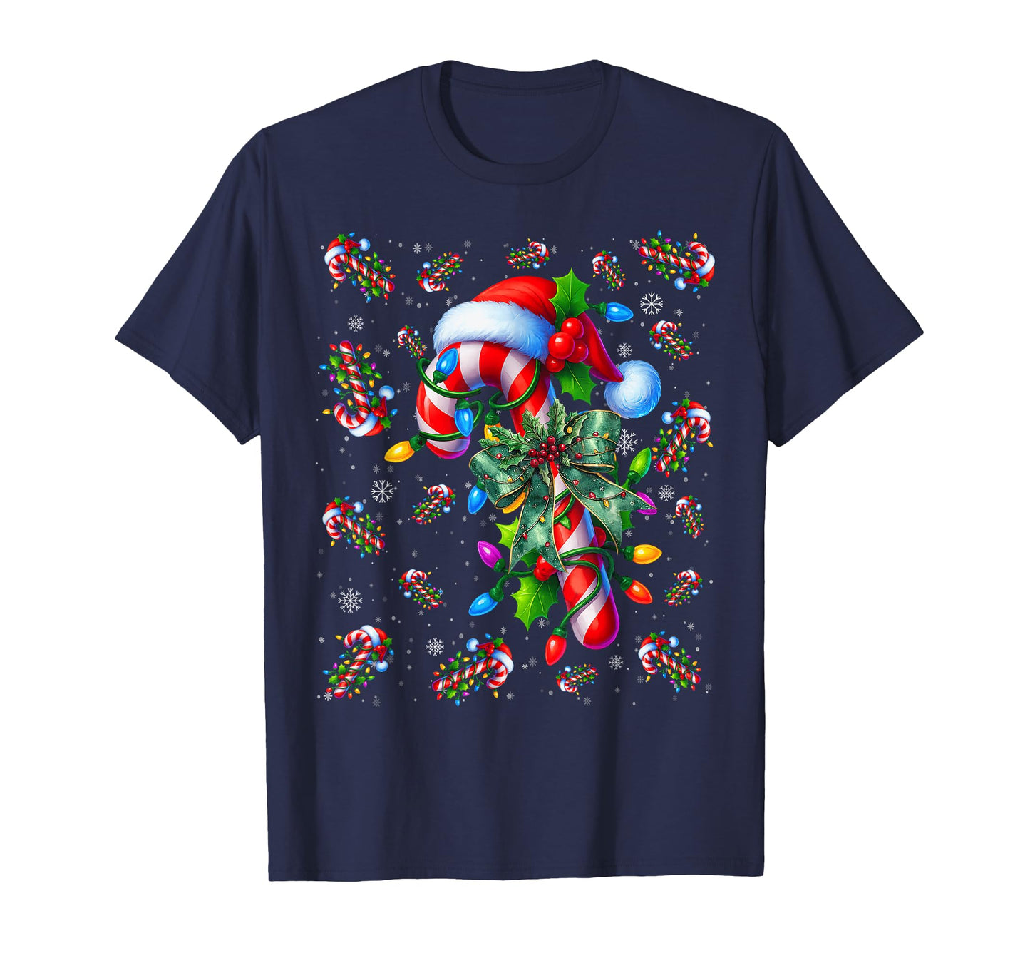 Candy Cane Santa Hat Christmas Lights Merry and Bright Xmas T-Shirt