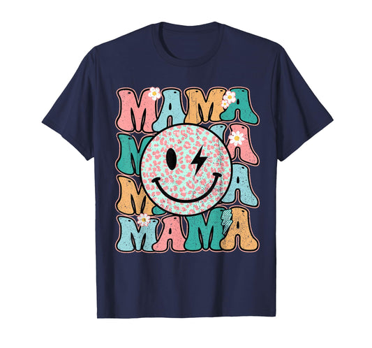 Checkered Mama Smile Face Bolt Lightning Groovy Mother's Day T-Shirt