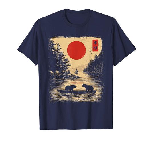 Vintage Bear Boat Lake Japanese Style Wildlife Nature T-Shirt