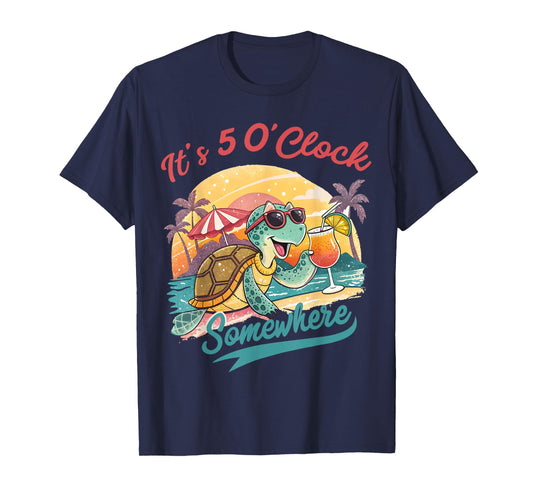 It’s 5 O’clock Somewhere Retro Turtle Drinking Summer Beach T-Shirt