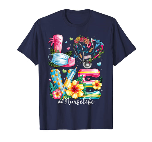 Love Summer Nurse Life Stethoscope Tropical Flowers Hawaii T-Shirt