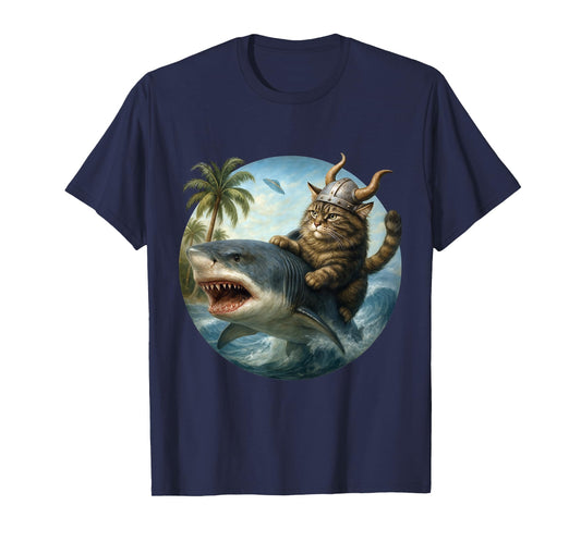 Epic Viking Cat Surfing Shark Quirky Cat Ocean Adventure Art T-Shirt