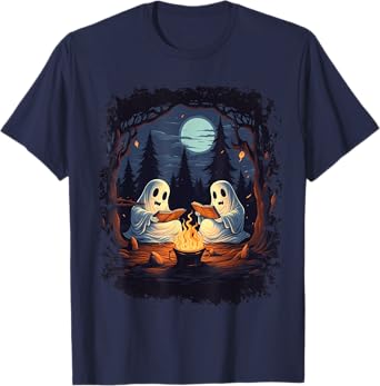 Retro Ghost Reading Books Camping Campfire Gothic Halloween T-Shirt